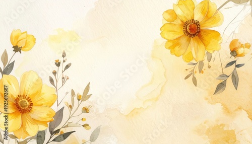 Yellow flowers with green leaves on watercolor background