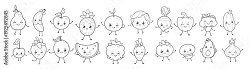 Vector illustration of cute fruits and vegetables with smiling faces. Flat isolated food object collection in line art.
