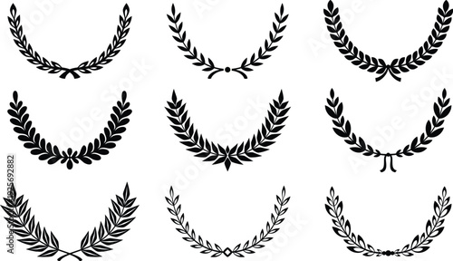 Collection of nine distinct black laurel wreath showcasing varied leaf arrangements and ribbon ties or achievement