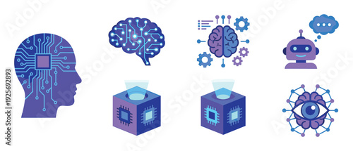 Collection of artificial intelligence icons including a circuit board brain, a robot chatbot, a neural network eye, and a processor cube in a modern flat vector illustration style