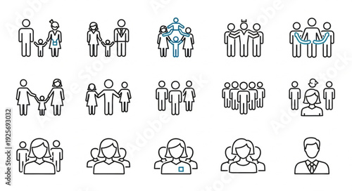 Collection of diverse family and group icons representing people.