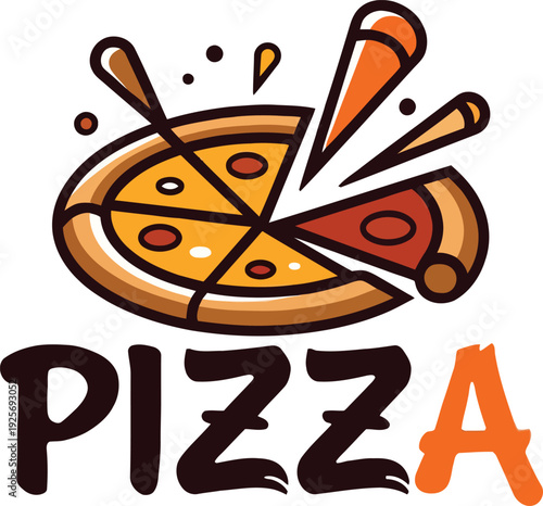 A cartoon illustration of a cheese and topping pizza with slices and splashes isolated on transparent background