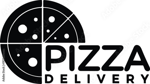 A black and white pizza delivery logo with a pie chart  food symbol