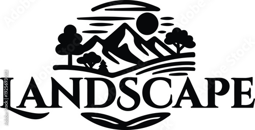 Black silhouette graphic design of mountains and trees with sun and text landscape