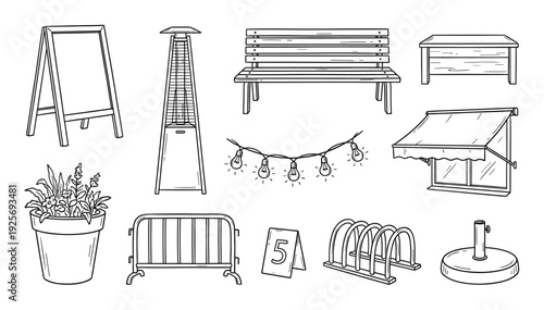 Hand drawn set of outdoor cafe furniture and street elements including a bench, patio heater, chalkboard, and string lights in a simple black and white line art doodle style