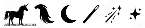 Set of black fantasy icons featuring a unicorn, flowing mane, crescent moon, magic wand, and sparkling stars in a simple graphic silhouette style for creative design