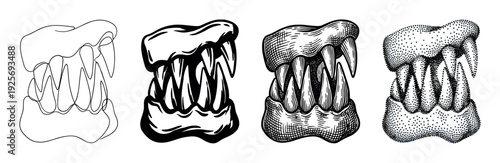 Set of four monster jaw illustrations with sharp fangs, showcasing different artistic techniques like continuous line art, solid ink, vintage engraving, and dotwork stippling