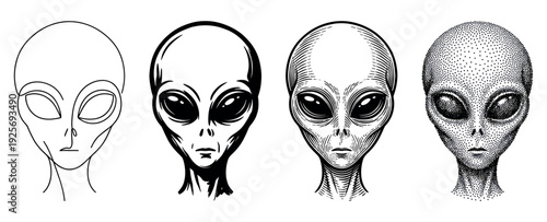 Four black and white alien head illustrations showcasing a progression of artistic styles from simple line art and stencil to detailed engraving and stippling