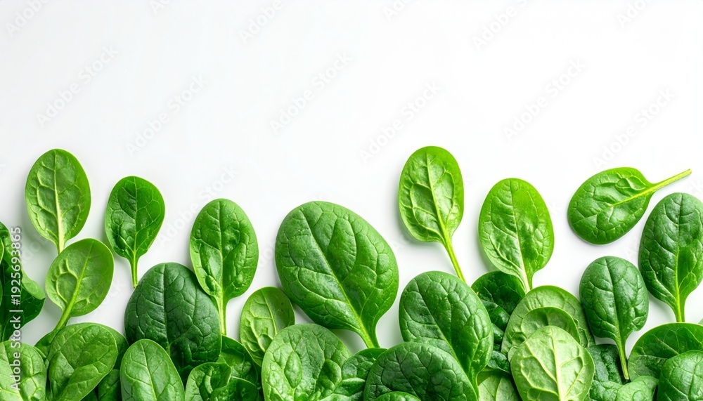 Fototapeta premium Fresh Green Spinach Leaves Isolated on White Background Macro Photography