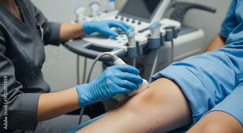 A medical professional performing an ultrasound examination on a patient's leg in a clinical setting.