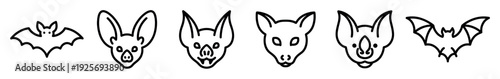 Collection of black line art bat icons showing various species and styles, including full body silhouettes and detailed head portraits for Halloween or wildlife themes