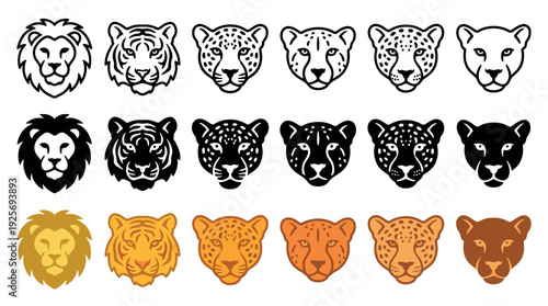Big cat head icon collection with lion, tiger, leopard, and cheetah faces in outline, silhouette, and flat color styles for graphic design and branding elements