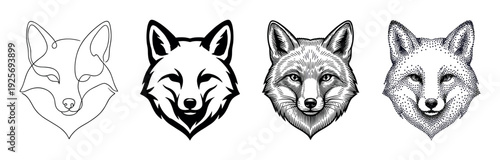 Four fox head illustrations in different artistic styles including minimalist one line art, bold graphic stencil, vintage engraving, and modern stippling pointillism