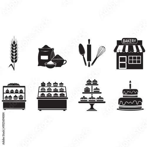 Bakery icons featuring wheat cakes and baking tools in black