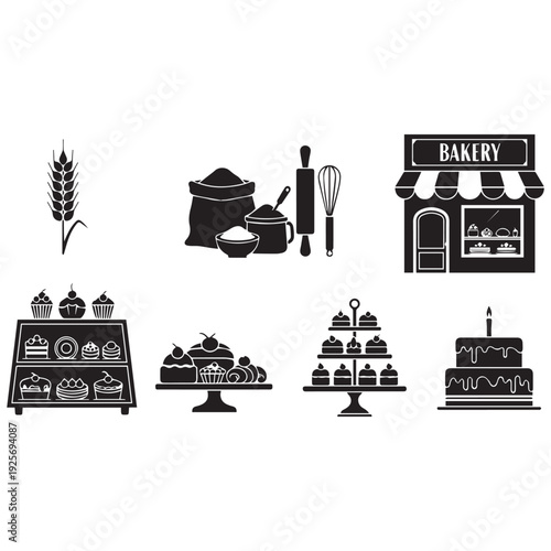 Bakery icons and illustrations featuring cakes wheat and storefronts