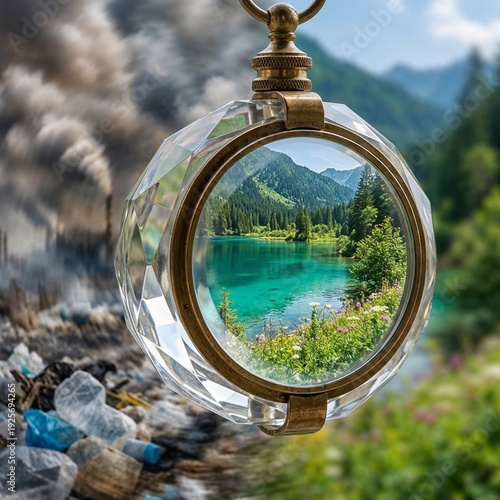 Conceptual image of a crystal pendant showing contrast between polluted wasteland and pristine turquoise mountain lake, symbolizing environmental destruction versus nature protection and the choice fo