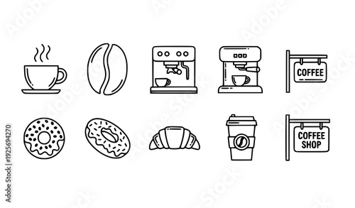 Editable Stroke Coffee and Café Icon Set with Cup, Bean, Machine, Donut, and Pastry