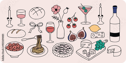 A charming collection of hand-drawn food and drink in pastel colors including a wine bottle,... desi