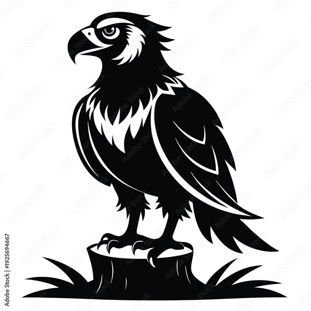 Fototapeta premium monochromatic macaw eagle silhouette on stump silhouette line art vector illustration with a white background