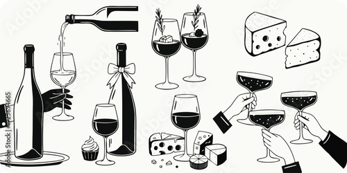 A collection of black and white line depicting wine bottles, wine glasses, cheese, cupcakes, and