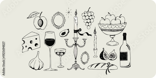 A collection of hand-drawn food and drink in black outline including a peach, cheese, wine glass