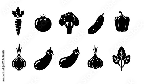 Solid Black Vegetable Icons Set with Carrot, Tomato, Broccoli, Pepper, and Leafy Greens