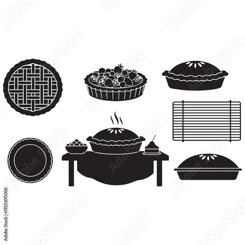 Black silhouette illustrations of various pies a pot and baking accessories