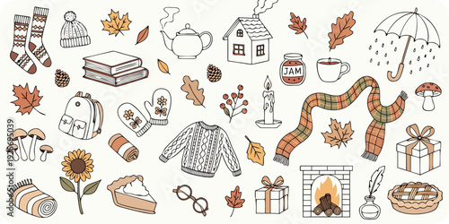 A cozy collection of autumn-themed hand-drawn including sweaters, socks, hats, scarves, leaves,... d