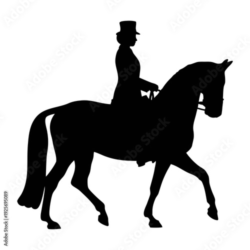 Silhouette of horse and rider equestrian sport dressage competition black and white vector art image