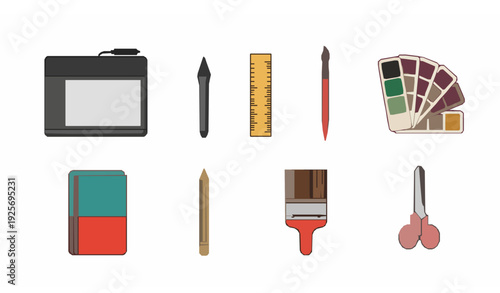 Flat lay graphic design tools vector illustration isolated on white background