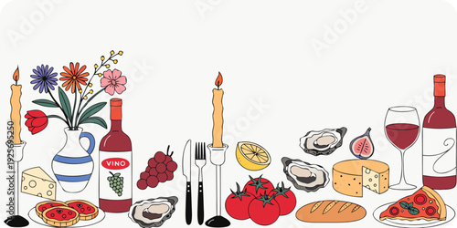 A delightful hand-drawn of a festive table setting with food and drinks on a white background