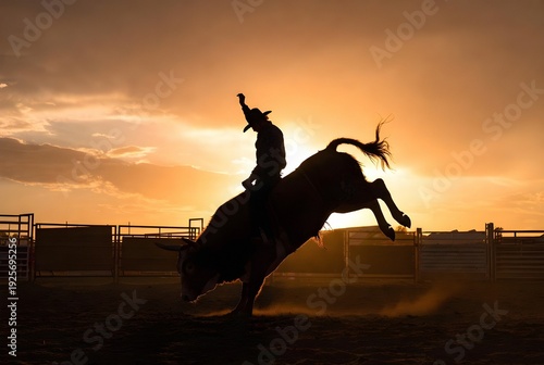 A cowboy is riding a bucking bull against a sunset backdrop.