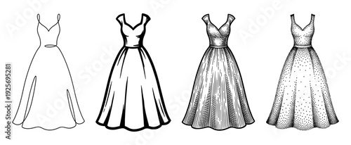 Set of four elegant dress illustrations showing different artistic styles from simple line art and outline to detailed engraving and stippling for a fashion concept