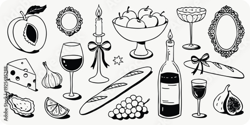 A delightful collection of hand-drawn food and drink including a peach, cheese, wine glass