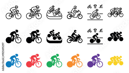 Collection of cyclist and motorcyclist icons in various styles including line art, solid black silhouettes, and vibrant colors representing sports, racing, and triathlon events