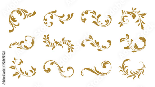 Assortment of ornamental floral scrollwork and flourish designs on a white background, featuring elegant vector elements, decorative botanical motifs, and classic artistic accents and creative project