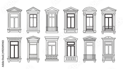 Collection of classical architectural window, and balcony line art designs, featuring elegant facades, ornamental details, decorative building elements, and vector illustrations for creative projects.