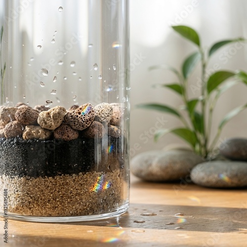 Glass cylinder showing layered water filtration media with sand, black charcoal and light stones, droplets on glass, plant and spa stones in background, concept of clean water, eco design and home pur