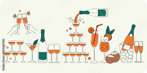 A festive collection of champagne glasses, cocktail glasses, and bottles celebrating a party or... d