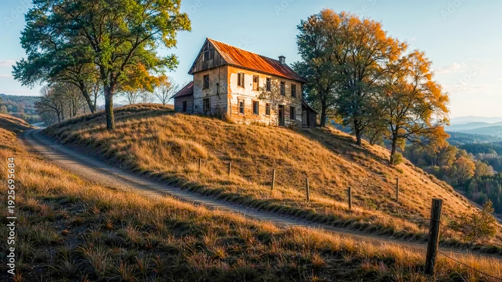 Obraz premium Rustic Cottage Along a Sunlit Path