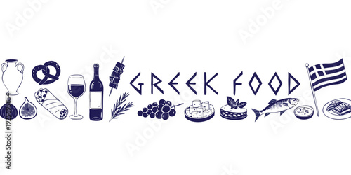 A vibrant collection of hand-drawn Greek food in blue ink including a jug, pretzels, wine,... (22) d