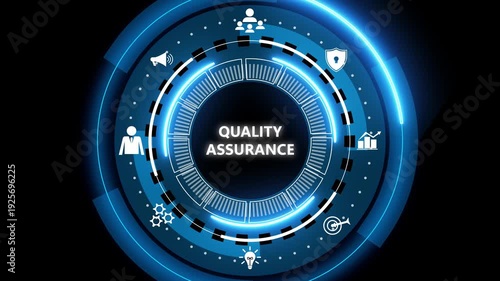 Futuristic blue digital interface HUD with circular infographic and icons surrounding the words quality assurance, suggesting software testing, security, process control, and analytics.