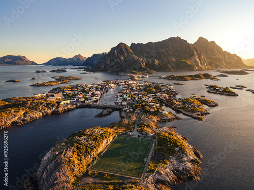 Drone View of Henningsvær – Sunrise over Iconic Mountain in Lofoten