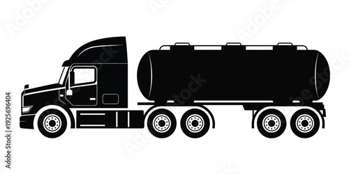 A black silhouette of a large tanker truck against a white background