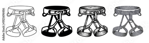 Set of four climbing harnesses illustrated in various black and white graphic styles, showcasing line art, solid silhouette, detailed engraving, and stippled textures