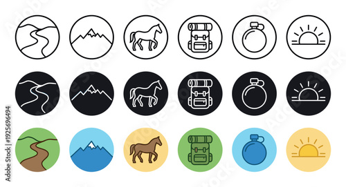 Set of hiking and camping icons showing a mountain, river, horse, backpack, canteen, and sun in various styles like line art, inverse, and color