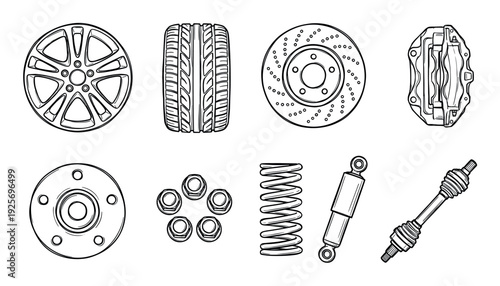 Collection of automotive suspension and brake system components including a wheel, tire, disc, caliper, spring, and shock absorber in a detailed sketch illustration