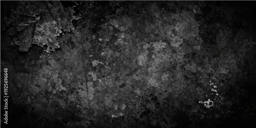 Aged dark grunge background featuring a textured black and white vintage stone wall with a rough dirty concrete surface and antique paper pattern for a grey industrial backdrop design