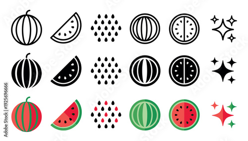 Versatile watermelon fruit icon set featuring whole fruit, slice, and seed pictograms in modern line, solid glyph, and flat color graphic styles
