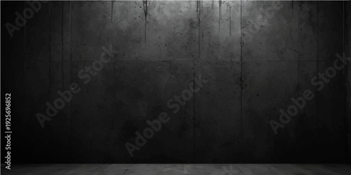 A dark and empty grunge room featuring an aged wooden floor and a textured concrete wall with a dirty black vintage surface for a blank design backdrop